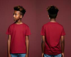frente y espalda puntos de vista de un pequeño chico vistiendo un rojo camiseta. ai generado foto