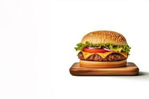 Fresh tasty cheeseburger on wooden board isolated on white background with copy space. ai generated photo