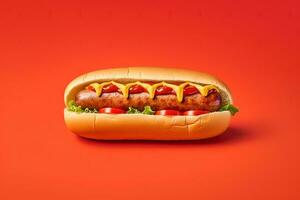 caliente perro con mostaza y salsa de tomate aislado en un rojo antecedentes. ai generado foto