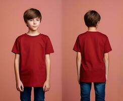 frente y espalda puntos de vista de un pequeño chico vistiendo un rojo camiseta. ai generado foto
