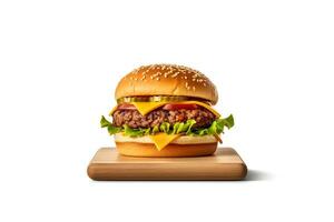 Fresh tasty cheeseburger on wooden board isolated on white background. ai generated photo