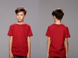 Front and back views of a little boy wearing a red T-shirt. ai generated photo