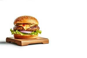 Fresh tasty cheeseburger on wooden board isolated on white background with copy space. ai generated photo