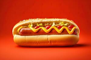 Hot dog with mustard and ketchup isolated on a red background. ai generated photo