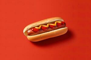 Hot dog with mustard and ketchup isolated on a red background. ai generated photo