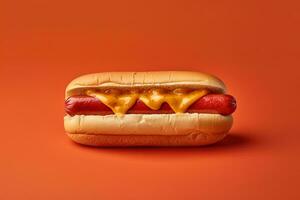 Hot dog with mustard and ketchup isolated on a red background. ai generated photo