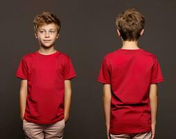 Front and back views of a little boy wearing a red T-shirt. ai generated photo