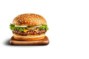 Fresh tasty cheeseburger on wooden board isolated on white background with copy space. ai generated photo