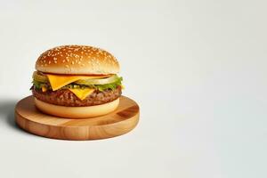 Fresh tasty cheeseburger on wooden board isolated on white background with copy space. ai generated photo