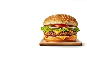 Fresh tasty cheeseburger on wooden board isolated on white background with copy space. ai generated photo