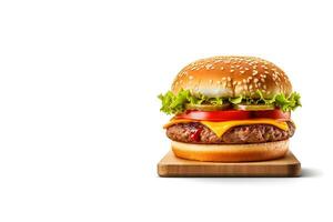 Fresh tasty cheeseburger on wooden board isolated on white background with copy space. ai generated photo