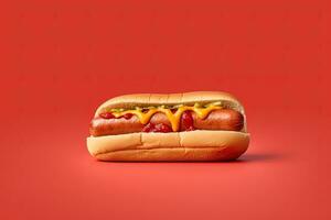 caliente perro con mostaza y salsa de tomate aislado en un rojo antecedentes. ai generado foto