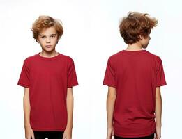 Front and back views of a little boy wearing a red T-shirt. ai generated photo