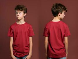 Front and back views of a little boy wearing a red T-shirt. ai generated photo