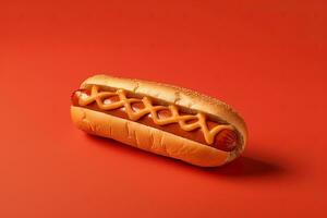 Hot dog with mustard and ketchup isolated on a red background. ai generated photo