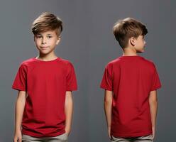 Front and back views of a little boy wearing a red T-shirt. ai generated photo