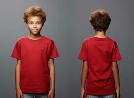 Front and back views of a little boy wearing a red T-shirt. ai generated photo