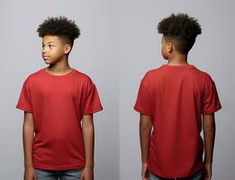 Front and back views of a little boy wearing a red T-shirt. ai generated photo