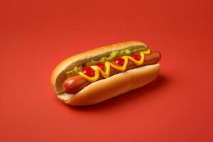 Hot dog with mustard and ketchup isolated on a red background. ai generated photo