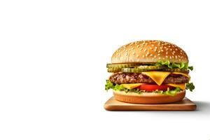 Fresh tasty cheeseburger on wooden board isolated on white background with copy space. ai generated photo