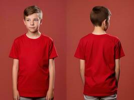 Front and back views of a little boy wearing a red T-shirt. ai generated photo