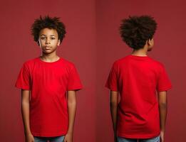 Front and back views of a little boy wearing a red T-shirt. ai generated photo