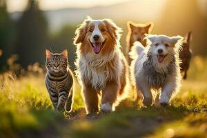 Group of pets including two cats and a few dogs strolling on the sunny meadow grass photo