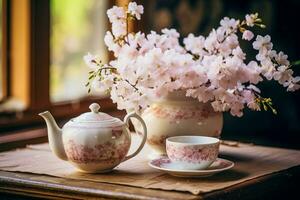 Clásico tono foto de té taza tetera y flores creando un encantador atmósfera