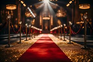 Red carpet rolls out before a backdrop of a glamorous movie premiere photo