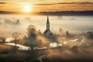 Silhouette of church in misty village landscape viewed from above photo