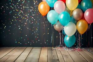 Colorful balloons and confetti against a backdrop of wood photo