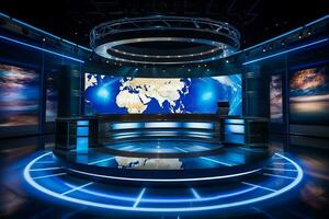 An image showcasing a news studio with blue lights and a globe photo
