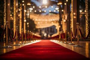Red carpet rolls out before a backdrop of a glamorous movie premiere photo