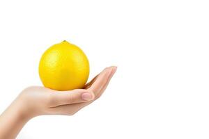 Lemon in hand isolated on white background with copy space. ai generated photo