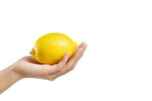 Lemon in hand isolated on white background with copy space. ai generated photo