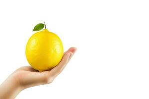 Lemon in hand isolated on white background with copy space. ai generated photo