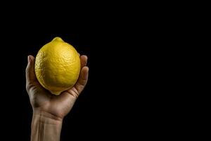 Lemon in hand isolated on black background with copy space. ai generated photo