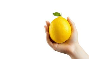 Lemon in hand isolated on white background with copy space. ai generated photo