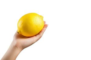 Lemon in hand isolated on white background with copy space. ai generated photo