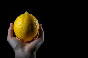 Lemon in hand isolated on black background with copy space. ai generated photo