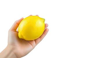 Lemon in hand isolated on white background with copy space. ai generated photo