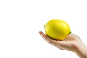 Lemon in hand isolated on white background with copy space. ai generated photo