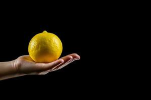 Lemon in hand isolated on black background with copy space. ai generated photo