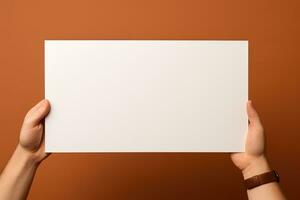 A human hand holding a blank sheet of white paper or card isolated on brown background. ai generated photo