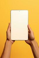 Hand holding tablet with mockup blank screen isolated on yellow background. ai generated photo