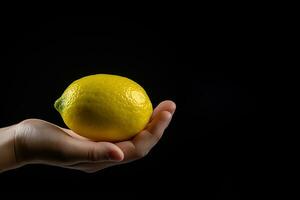 Lemon in hand isolated on black background with copy space. ai generated photo