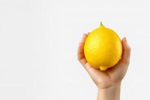 Lemon in hand isolated on white background with copy space. ai generated photo