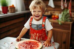 The child got watermelon all over his clothes and stained them photo