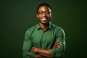 Smiling young black man stands in front of green backdrop with folded arms and green shirt photo