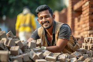 Handsome Indian man working on construction site placing bricks in side view photo